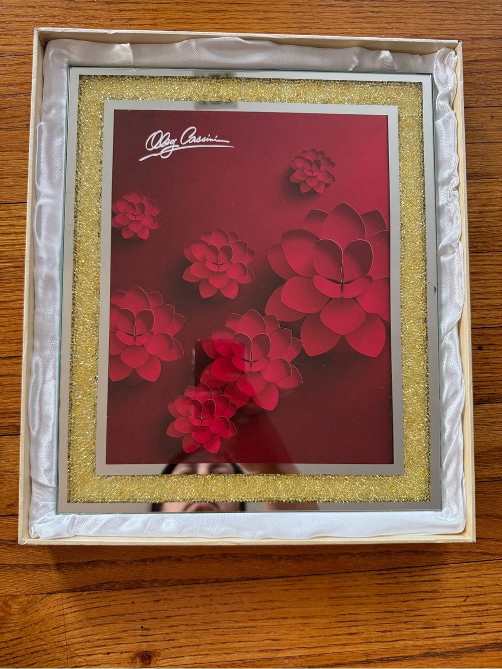 Oleg Cassini Red Floral Wall Art with Gold Accent Frame
